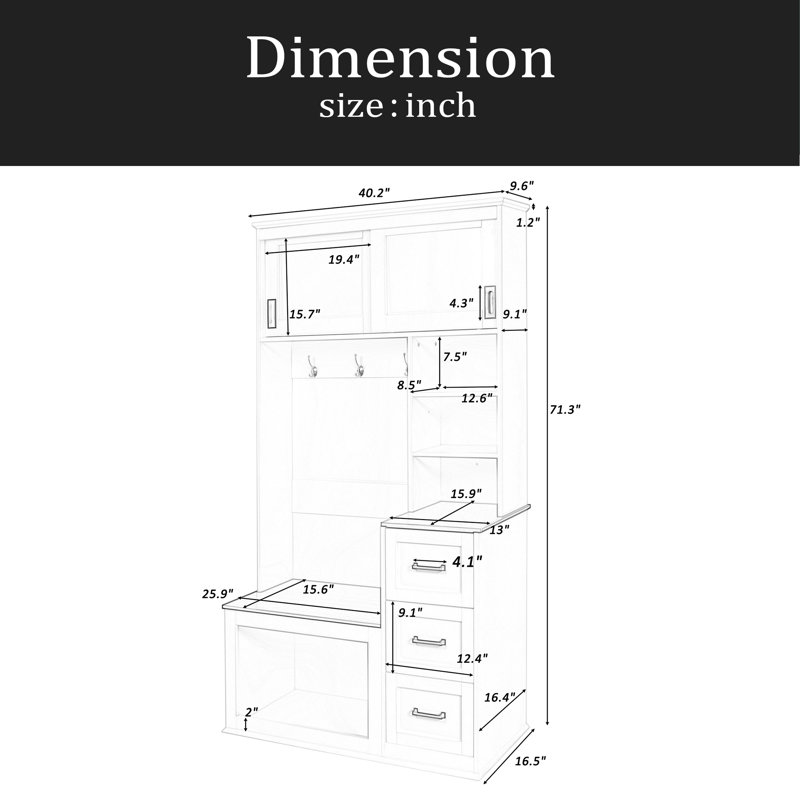 Modern Entryway Bench With Coat Rack, 3 Shelves And Drawers, 3 Sturdy Hooks, 40.2'' Wide Hall Tree With Storage Bench For Hallway, Entryway, Living Room
