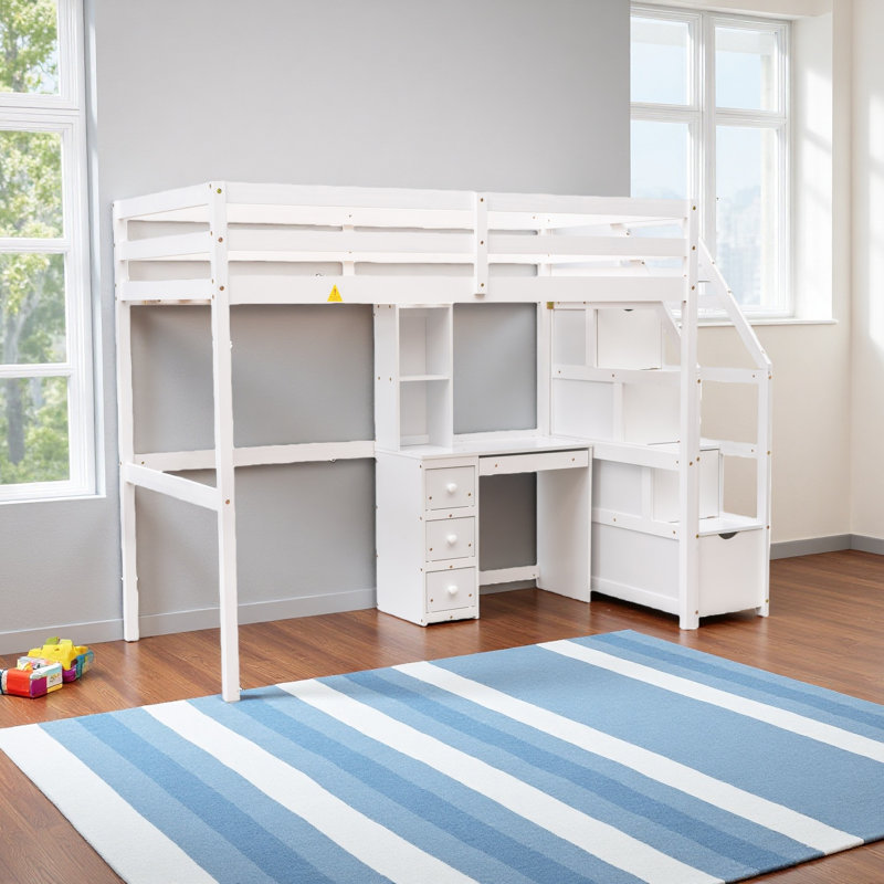 Lit mezzanine simple avec lit autonome, escalier de rangement, bureau, tablettes et tiroirs, Blanc