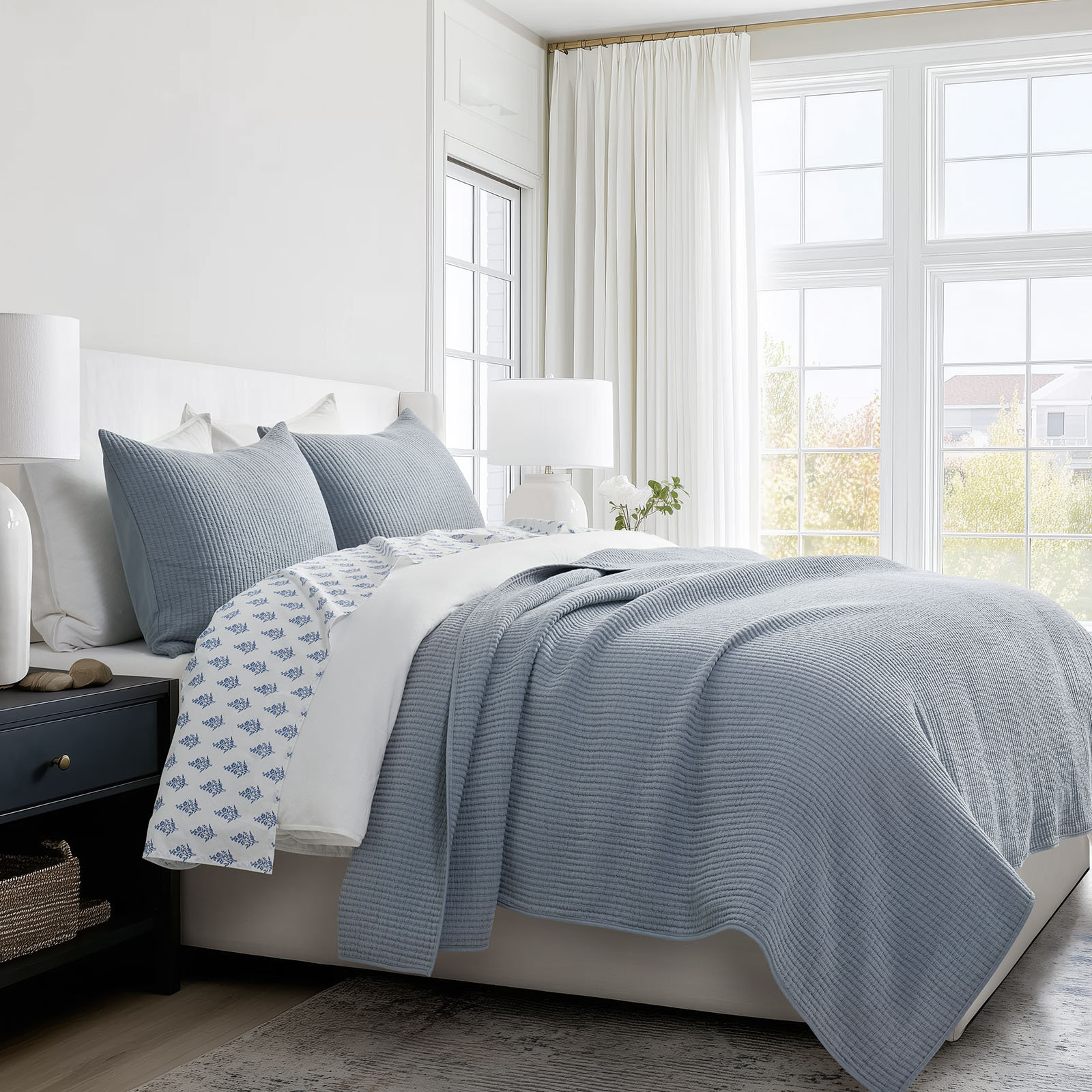 Ribbed Matelassé Cotton Coverlet Set, Queen Quilt + 2 Queen Shams, Blue Linen