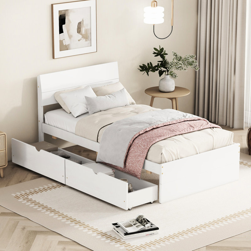 Lit simple avec 2 tiroirs blanc crème, Blanc crémeux