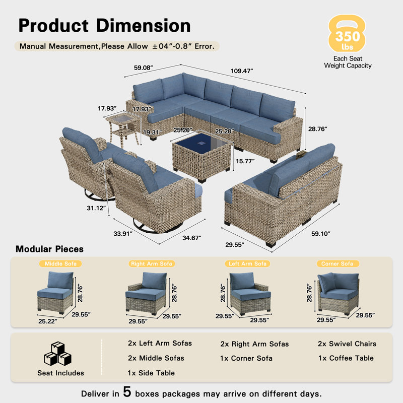 Tommy Outdoor Wicker 9 Person Seating Group With Cushions, Denim Blue