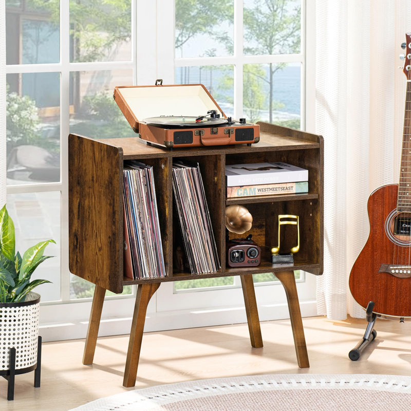 Support pour tourne-disque Mid-Century moderne avec rangement en vinyle, Brun