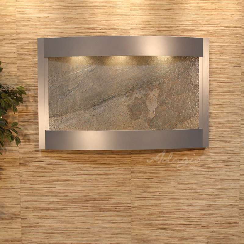 Calming Waters Hand Crafted Natural Stone Weather Resistant Waterfall Fountain with Light, Green Feather, Silver Metallic