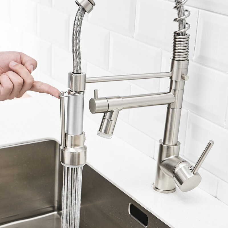 Élégant robinet de cuisine rétractable à DEL en nickel brossé, poignée simple, bec rotatif à 360 degrés, robinet à double jet avec douchette rétractable, nickel, pivot, double