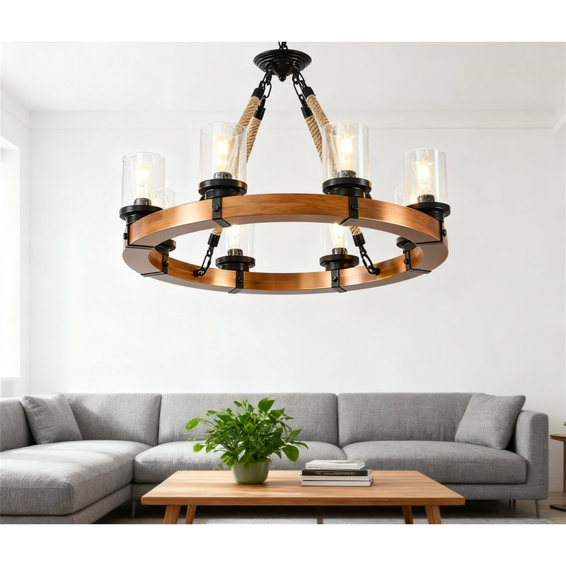 Luminaire de lustre en roue de chariot rustique avec abat-jour en verre bullé, luminaire suspendu industriel à cadre en bois massif pour le vestibule de l'îlot de cuisine de la salle à manger