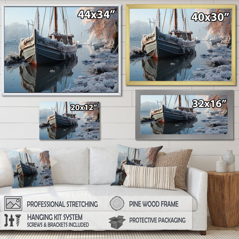 Icy Harbor Winter Landscape, reproduction d'art sur toile, Cadre flottant noir, H 12 po x l 20 po x P 1 po