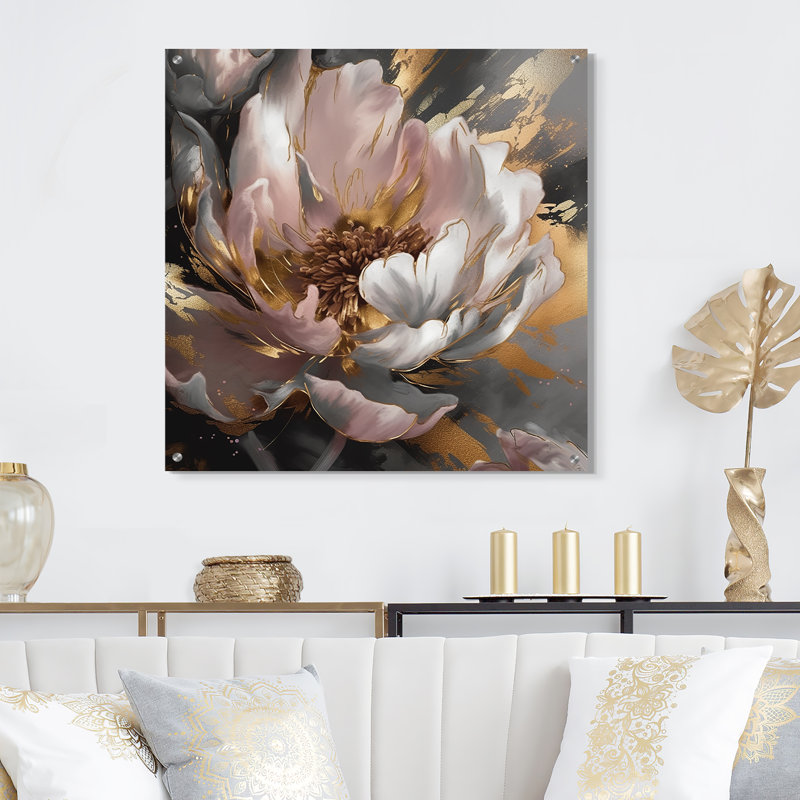 Marbre rose doré, pivoine II, art mural acrylique abstrait en marbre, H 30 po x l 30 po