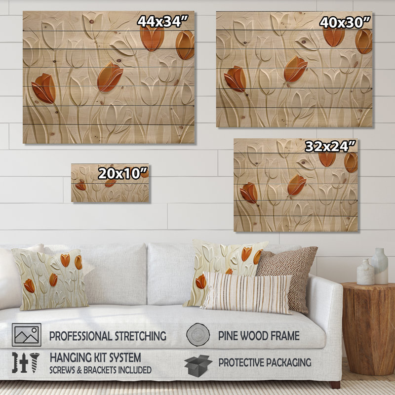 Beauté orange de la prairie des tulipes - Art mural traditionnel sur bois de pin naturel, H 24 po x l 32 po x P 0,78 po