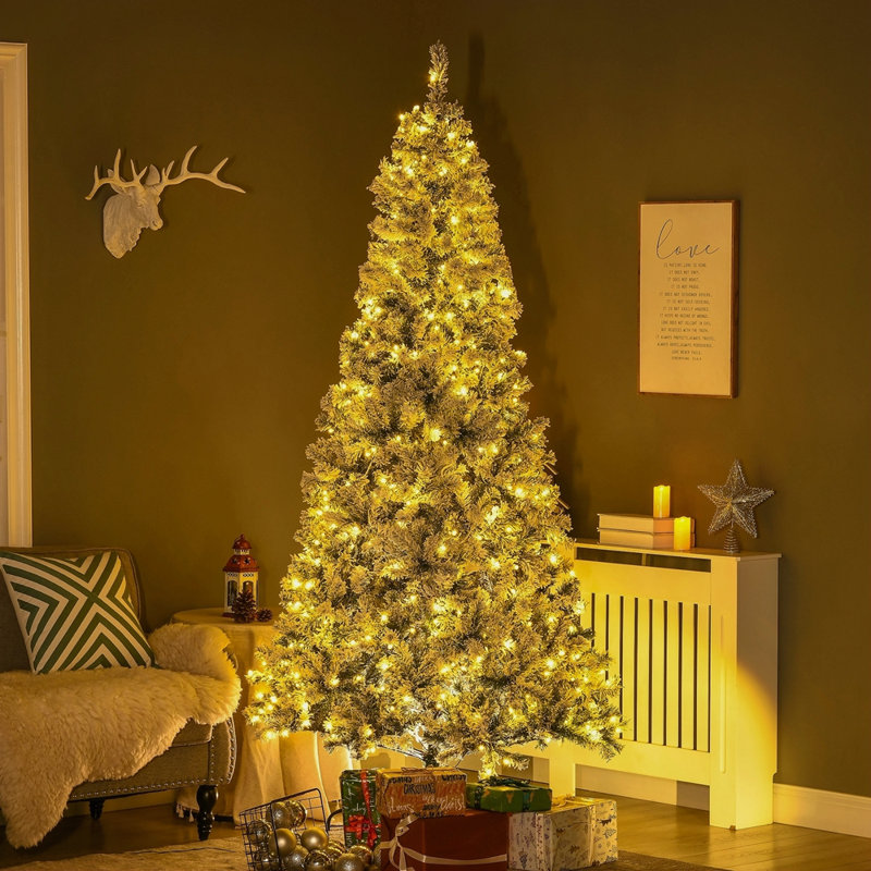 Décoration de Noël d'arbre de Noël artificielle haute 7,5 pi avec 1188 branches floquées par la neige, 500 lumières DEL blanc chaud, ouverture automatique