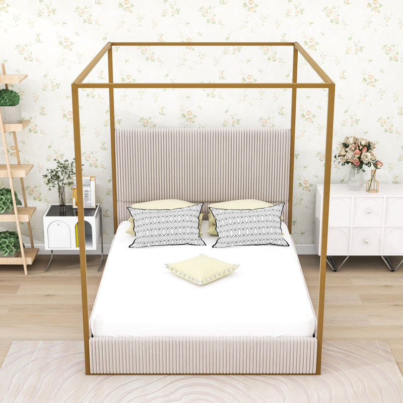 Lit à baldaquin en métal avec tête de lit tapissier et quatre affiches, Or/beige, Grand
