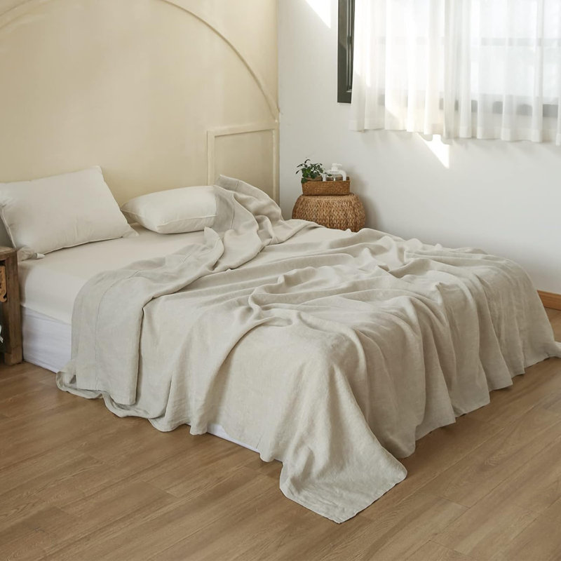 French Flat Sheet With Embroidered Border-100% Stone Washed Flax Bedding, Linen, King