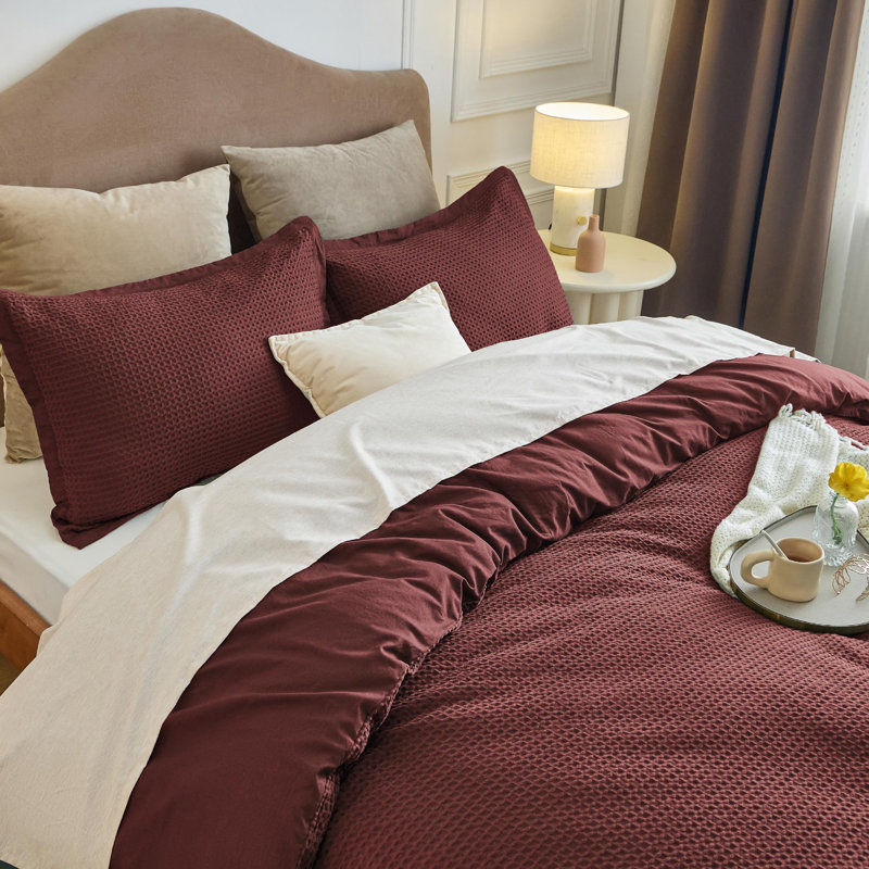 Essential Collection 100% Cotton Waffle Weave Duvet Cover Set, Queen Duvet Cover + 2 Standard Shams, Madder Brown