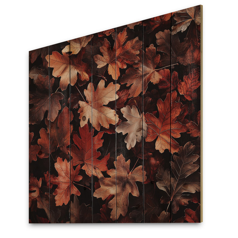 Red Falling Oak Leaves II - Décoration murale en bois de feuilles - sur bois de pin naturel, H 36 po x l 36 po x P 0,78 po
