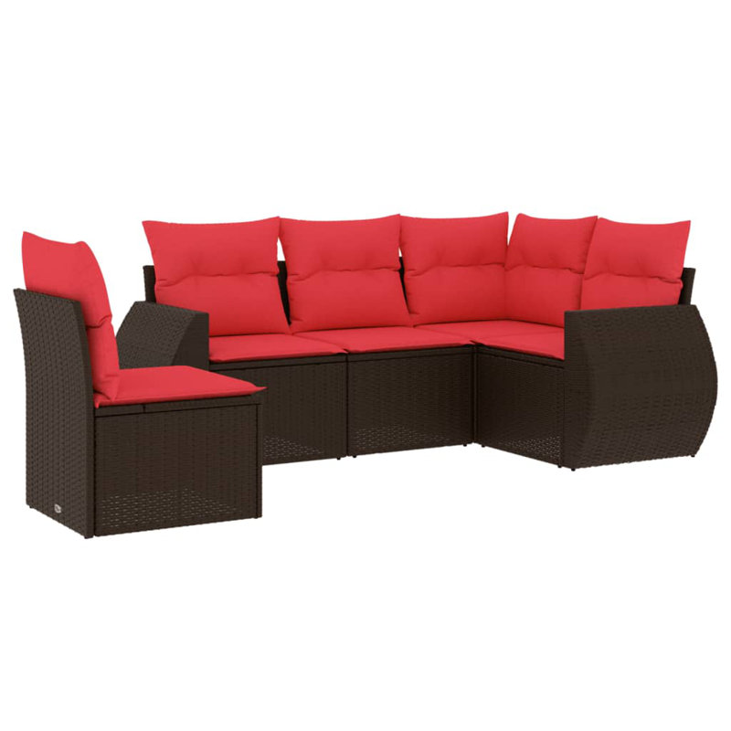 6 Piece Patio Sofa Set With Cushions Black Poly Rattan, Red Cushion/Brown Frame