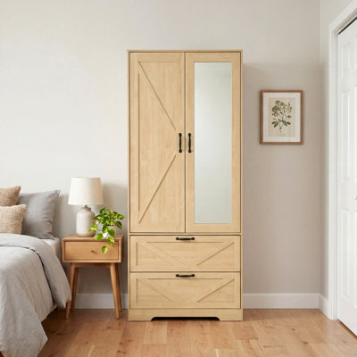 Armoire 2 portes en bois avec tringle, 2 tiroirs, lumière à induction et miroir pour le rangement et l'organisation de la chambre à coucher
