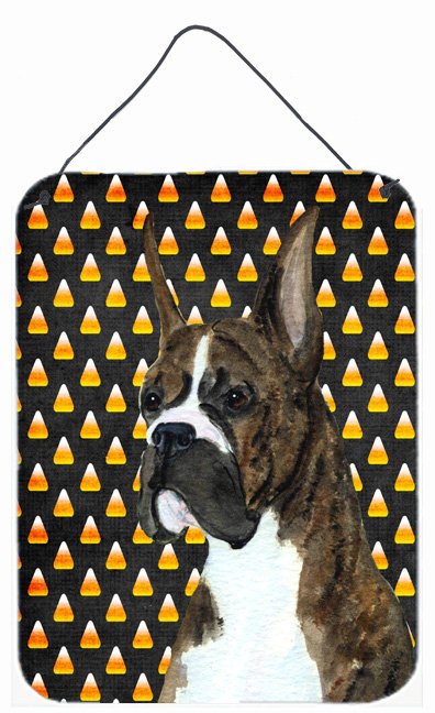 «Burniece Candy Corn», impression d'Halloween sur plaque, Boxer (brun et blanc