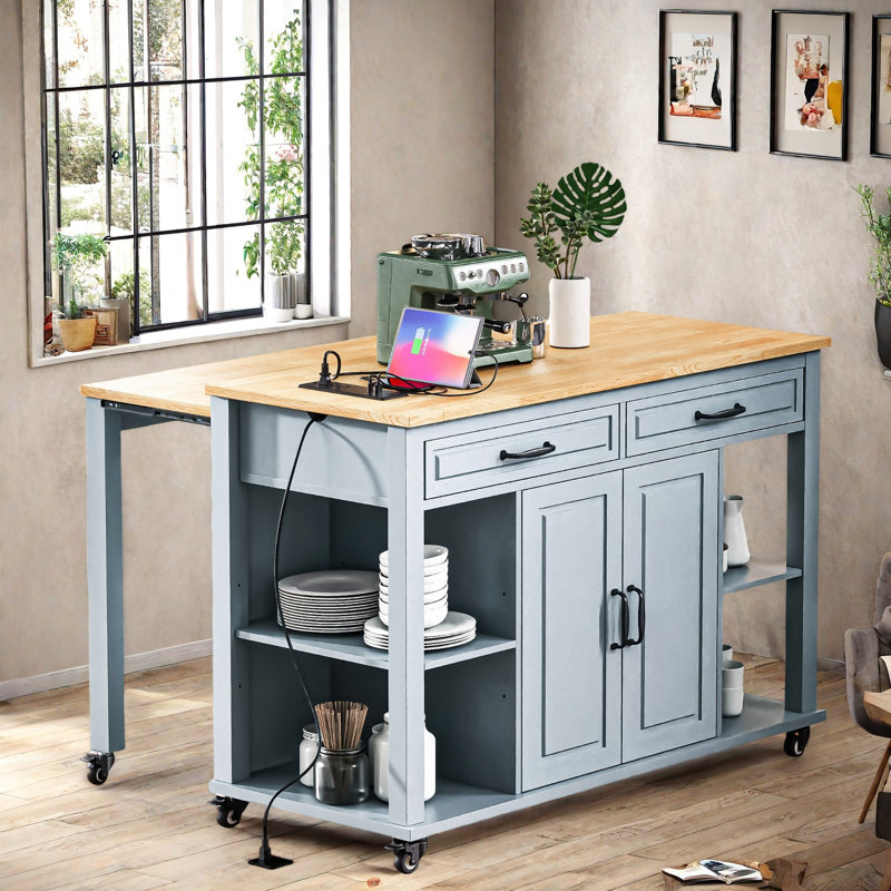 Îlot de cuisine avec table de salle à manger extensible, support de rangement interne, prise de courant, 2 tiroirs, 2 armoires et tablettes ouvertes