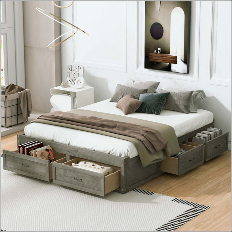 Lit plateforme avec 6 tiroirs de rangement, Gris antique, Grand lit