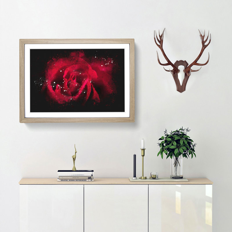 Drops Upon A Red Rose Paint Splash - Picture Frame Graphic Art, 24cm H x 33cm W x 2cm D, Oak Framed