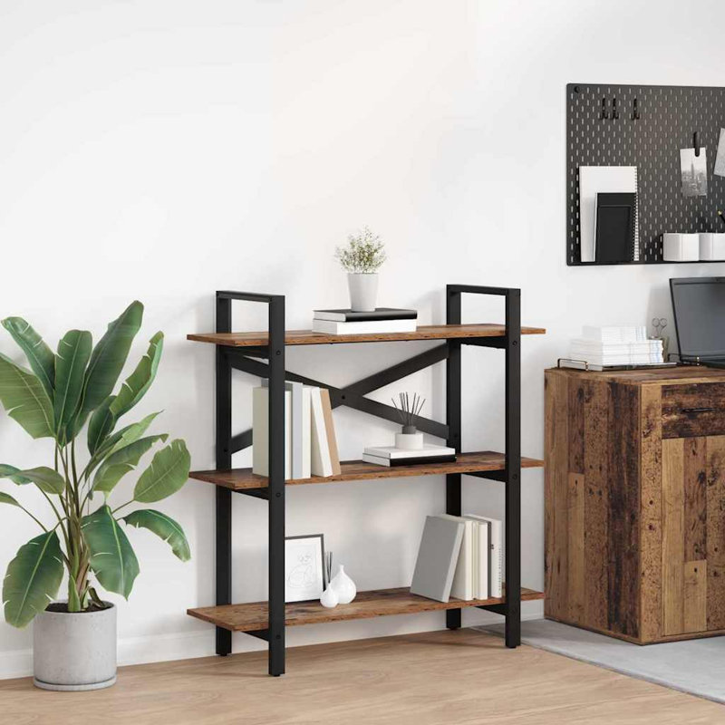 100cm W Steel Etagere Bookcase, (3 Shelves) 102cm. H x 100cm. W x 33.5cm. D, Old Wood