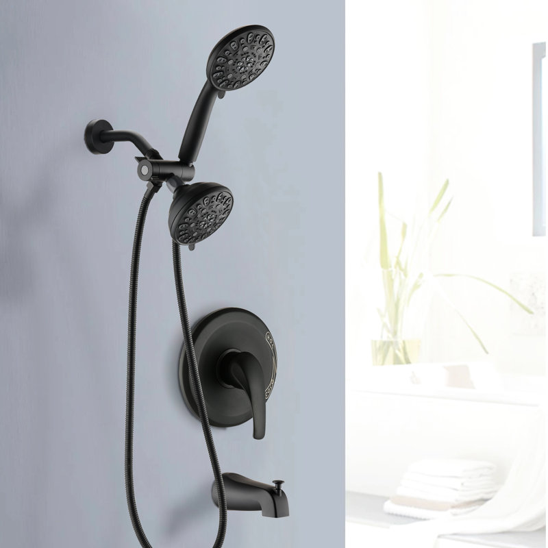 Matte Black Shower Tub With High Dual Faucet. 7 Spray Patterns Head & Hand Shower. All Metal Structure. 1.8 Gpm Flow. 59" Hose. 1/2" Connection. Wall Mounted System . Included. Metal. Spout