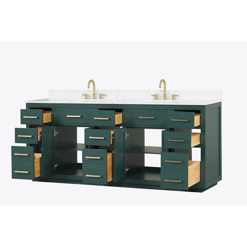 Green Solid Wood 84" Freestanding Double Sink Bathroom Vanity