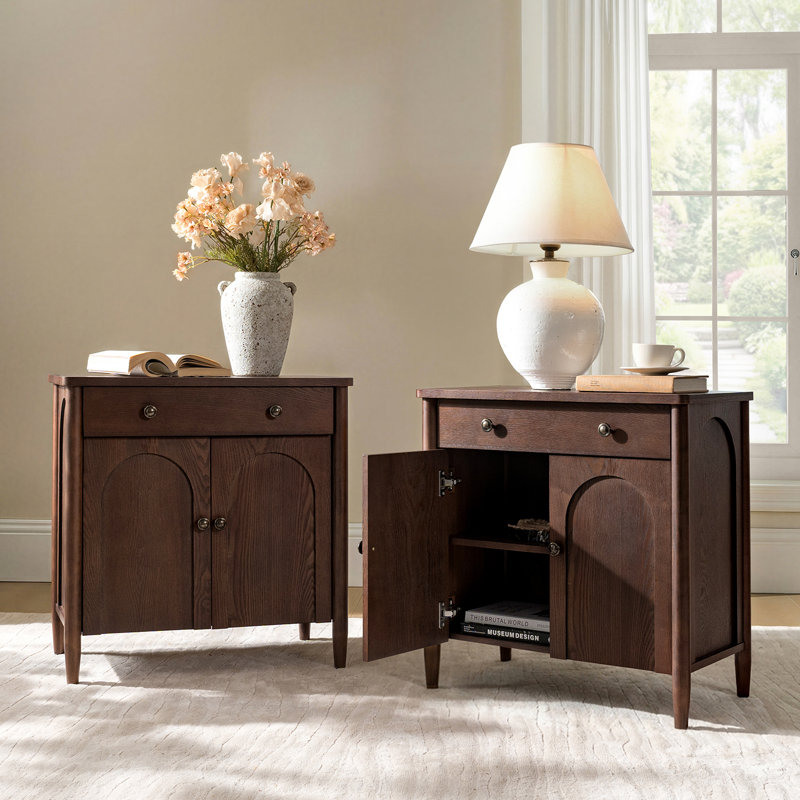 Leominster 28"W 1-Drawer 2 Arched Door Cabinet Chest with Solid Pine Wood Legs and Built-In Power Outlet