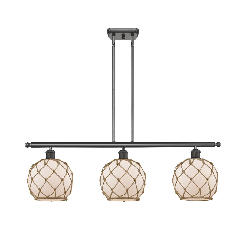 Luminaire suspendu linéaire à 3 lumières pour îlot de cuisine Hildebrandt Farmhouse, Blanc avec corde brune, Bronze huilé