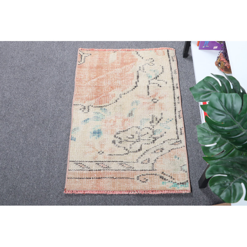 Handmade Vintage Turkish Door Mat In Pastel Peach And Blue Bohemian Style Design Perfect As A Unique Accent Carpet For Your Home