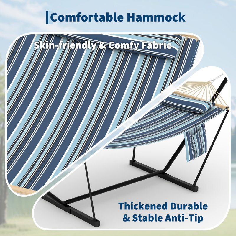 3.6m 2 Person Double Outdoor Hammock with Curved Wooden Spreader Bar, Blue Stripes Hammock with Detachable Pillow Chains & T-Shaped Bracket, 204kg Weight Capacity
