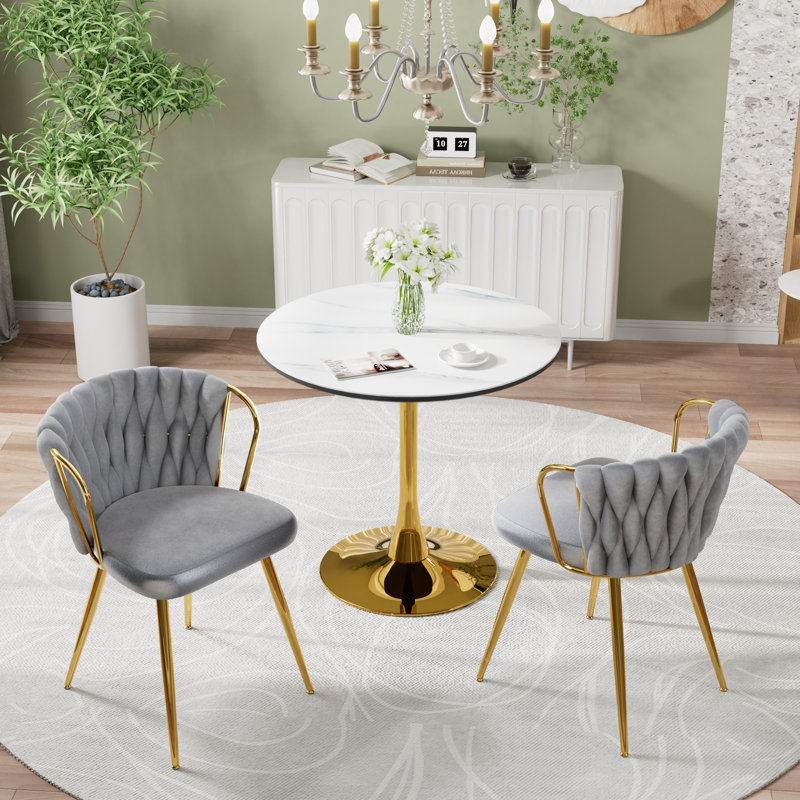 Marble Top Pedestal Dining Set, 3, Gray/Gold