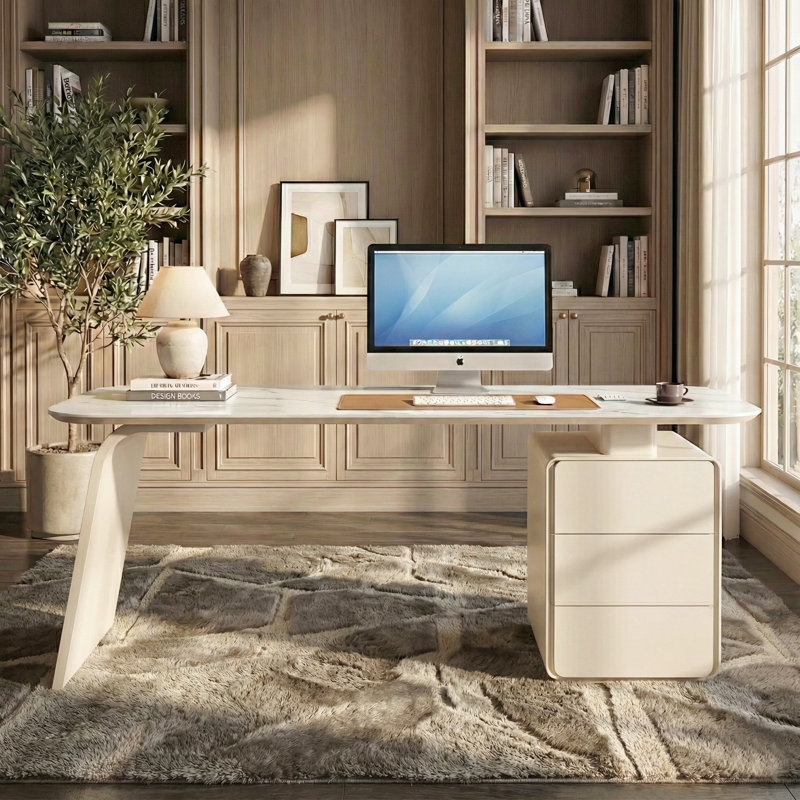 63" Modern Executive Desk with Power Outlets & Wireless Charging, Cream Sintered Stone Computer Table with 3 Drawers