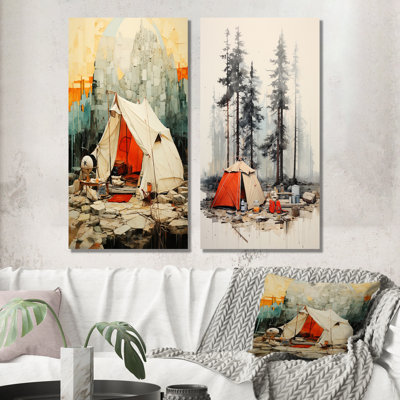 Minimalisme camping voyage collage - ensemble de 2 impressions de camping voyage en métal
