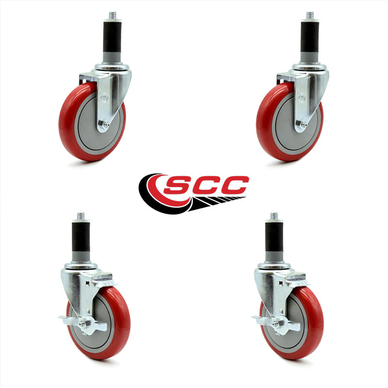 Ensemble de roulettes extensibles pivotantes en polyuréthane de 5 pouces de 1 3/8 po à 2 freins SCC, Rouge