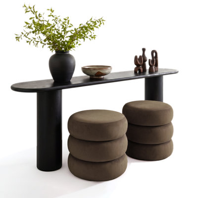 70" Black Console Table Set with 2 Upholstered Round Ottomans