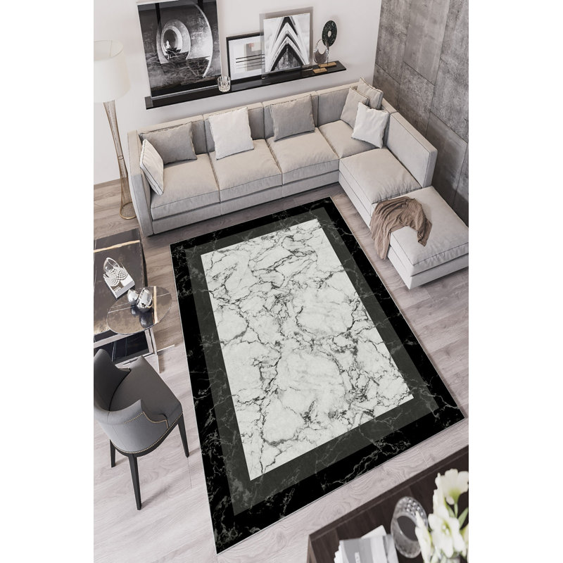 Stylish Hall Carpet, 3.3 x 6.6 Feet, Black & Grey | 100% Polyester, 650 g/m², 0.16 in Pile Height | Antibacterial, Eco-Friendly, Non-Slip PVC Dot Underside | Machine Washable, Perfect for Living Room & Entryways