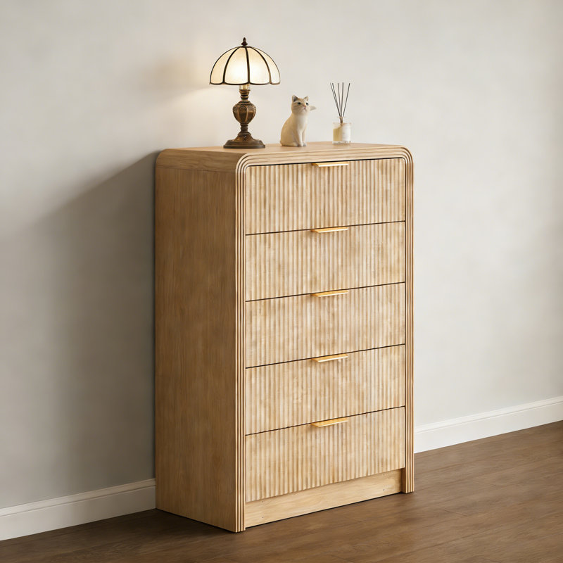 5-Drawer Fluted Dresser, 48'' H Modern Chest With Rounded Edges And Metal Handles, Natural Oak, Oak