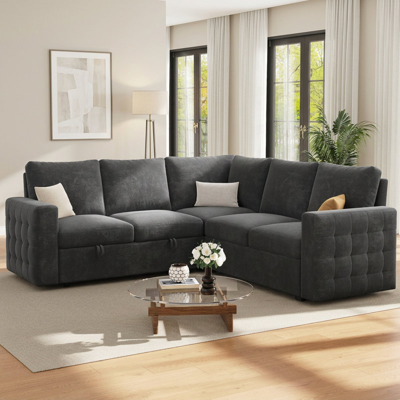Canapé-lit modulaire en L escamotable avec rangement, revêtement en chenille gris foncé