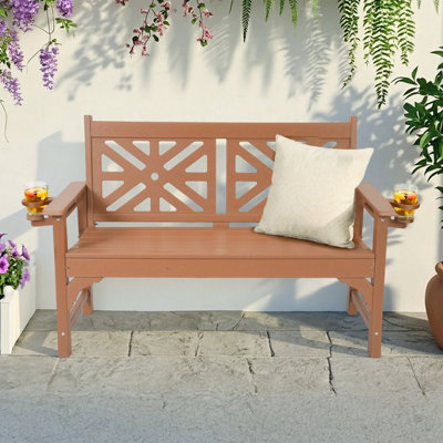 Outdoor Bench with Cup Holders, HDPE Weatherproof Garden Bench  2-Person, Fade/Rot Resistance Patio Benches for Porch and Park, Brown