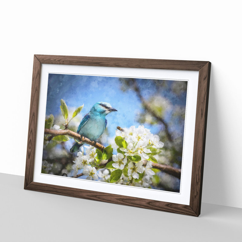 Blue Bird & Cherry Blossom Tree Painting 1 Piece Single Picture Frame Wall Art on MDF, 45cm H x 33cm W x 2cm D, Walnut
