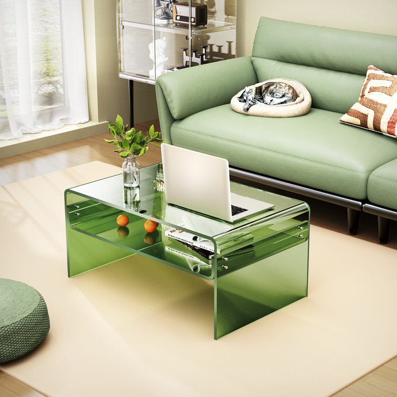 Freysteinn Acrylic Coffee Table,  2 Tiers Clear End Table with Storage Shelf, Green
