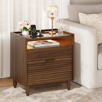 Fluted Nightstand with 2 Drawers, LED & Charging Station,Wood End Side Table with Storage & Glass Tabletop for Bedroom Living Room, Walnut