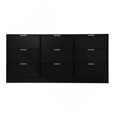 Commode 9 tiroirs noire, grande commode profonde de 63 po, commode en bois avec 9 tiroirs pour la chambre à coucher, commodes longues pour le salon, couloir