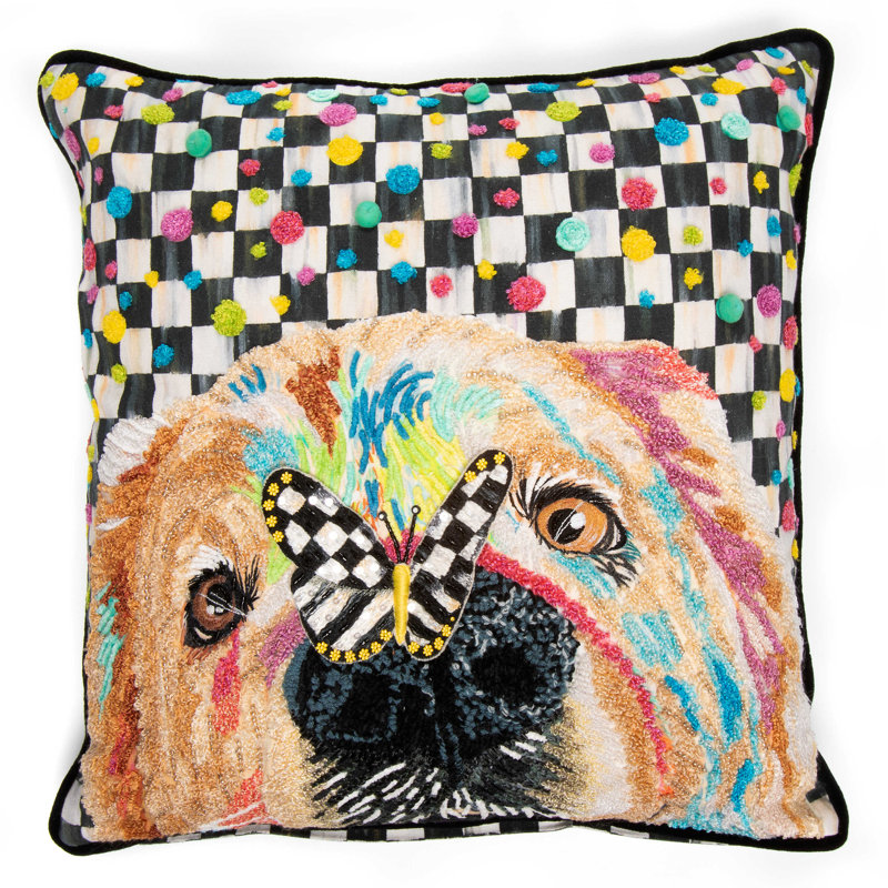 Courtly Check Embroidered Puppy Dot 20in Cotton Kids Throw Pillow