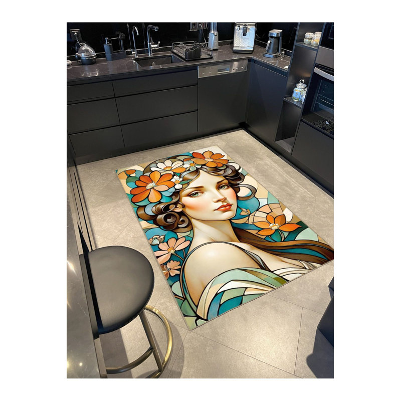 Colorful Woman Patterned Woven Base Machine Washable Rug