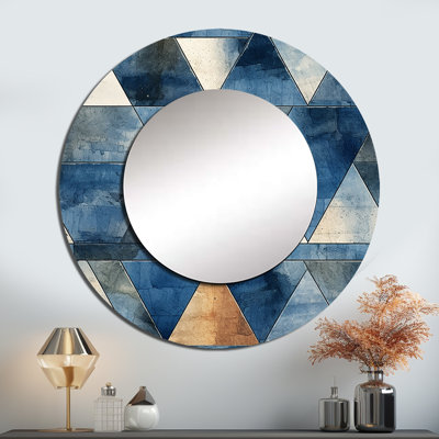 Rustic Cobalt Triangle Symphony - grand miroir géométrique, décor de miroir mural unique et moderne, impression d'art en métal