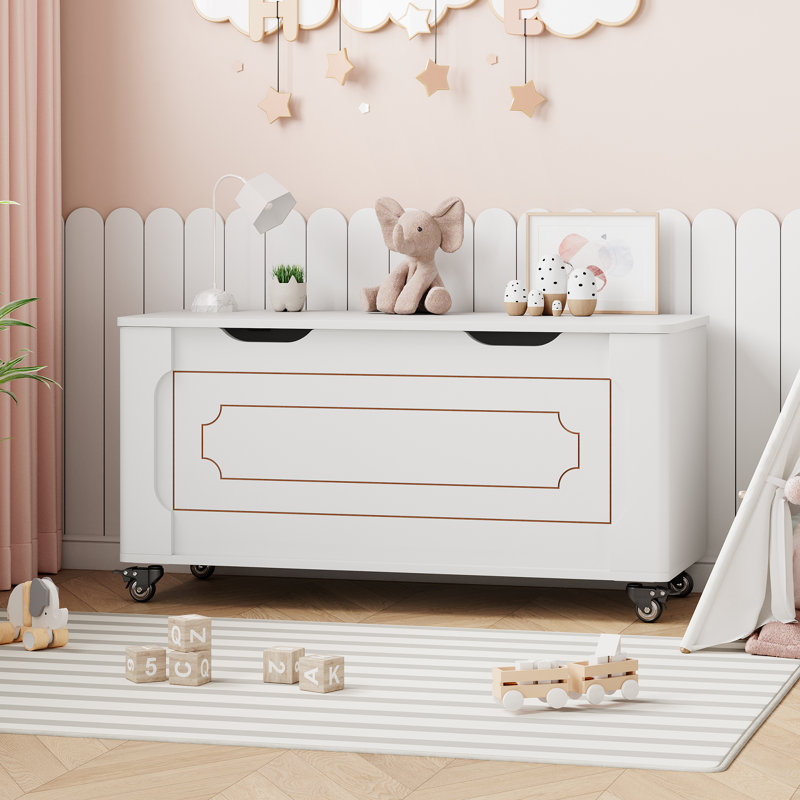 Storage Chest, Storage Bench with 4 Wheels, 39.4" Wooden Blanket Chest with 2 Safety Hinges, Round Corner, Supports 350 Lbs, Storage Trunk for Entryway, Living Room, Bedroom,White
