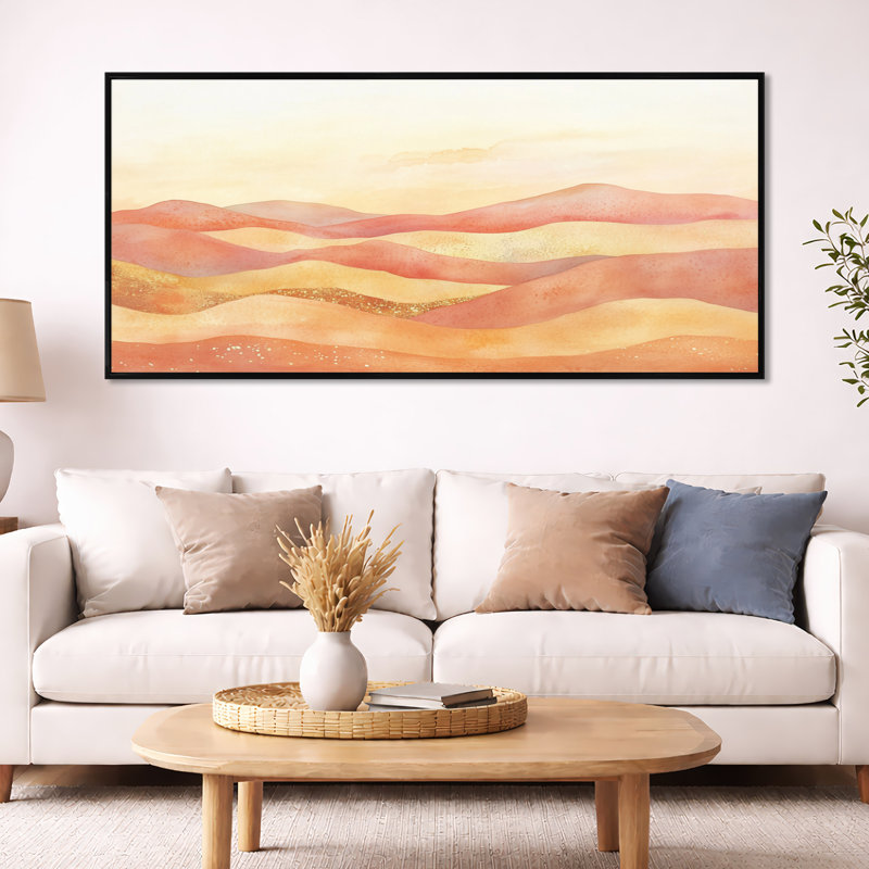 Art mural montagne rose, toile alpine rosée, Highland montagne rose, H 28 po x l 60 po, Cadre flottant noir