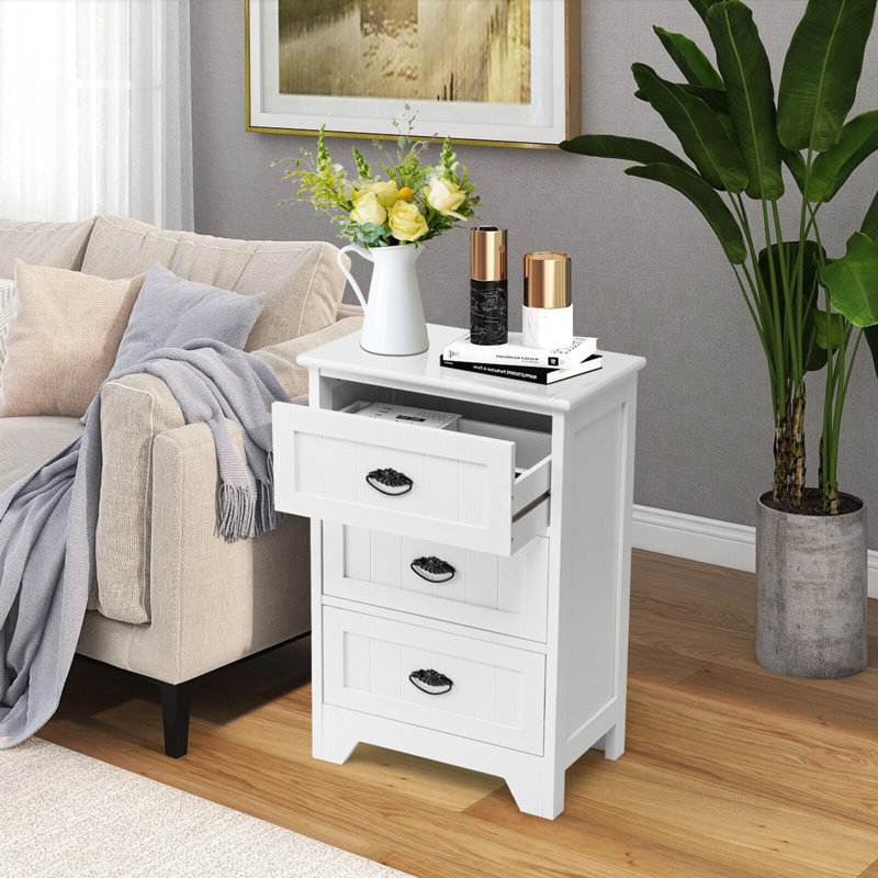 End Table Nightstand Bedroom Storage w/ 3 Drawers & Wood Slide, 1, White
