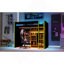 Lit mezzanine en bois avec bureau, garde-robe ouverte, compartiments de rangement et lumières RVB-779860843